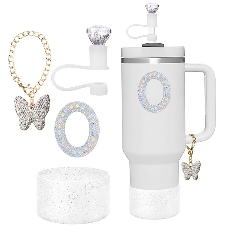 Amazon Vânzare Fierbinte Diamant Paie Praf Capac Stralucitor Diamant Fluture Breloc Pandantiv Silicon Cup Set Alfabet Autocolant