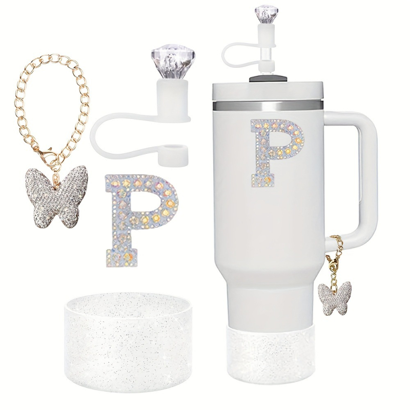 Amazon Vânzare Fierbinte Diamant Paie Praf Capac Stralucitor Diamant Fluture Breloc Pandantiv Silicon Cup Set Alfabet Autocolant