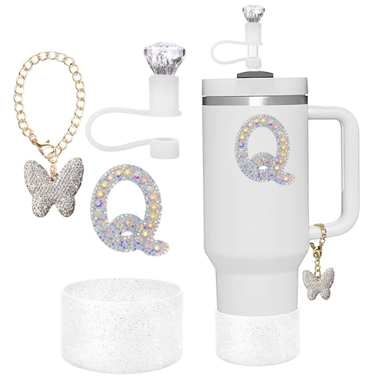 Amazon Vânzare Fierbinte Diamant Paie Praf Capac Stralucitor Diamant Fluture Breloc Pandantiv Silicon Cup Set Alfabet Autocolant