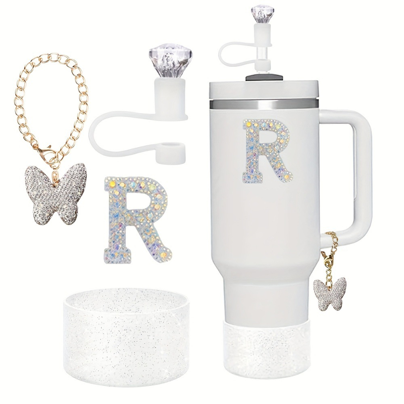 Amazon Vânzare Fierbinte Diamant Paie Praf Capac Stralucitor Diamant Fluture Breloc Pandantiv Silicon Cup Set Alfabet Autocolant