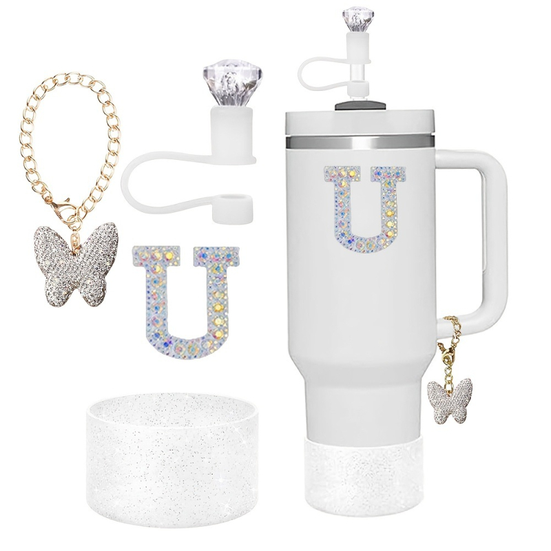 Amazon Vânzare Fierbinte Diamant Paie Praf Capac Stralucitor Diamant Fluture Breloc Pandantiv Silicon Cup Set Alfabet Autocolant