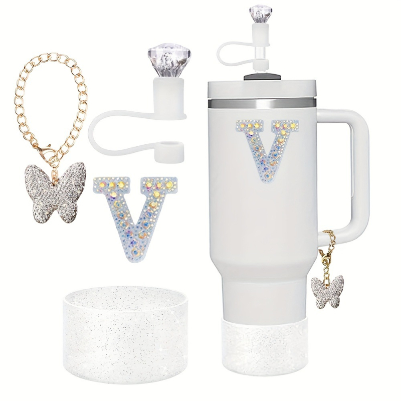Amazon Vânzare Fierbinte Diamant Paie Praf Capac Stralucitor Diamant Fluture Breloc Pandantiv Silicon Cup Set Alfabet Autocolant