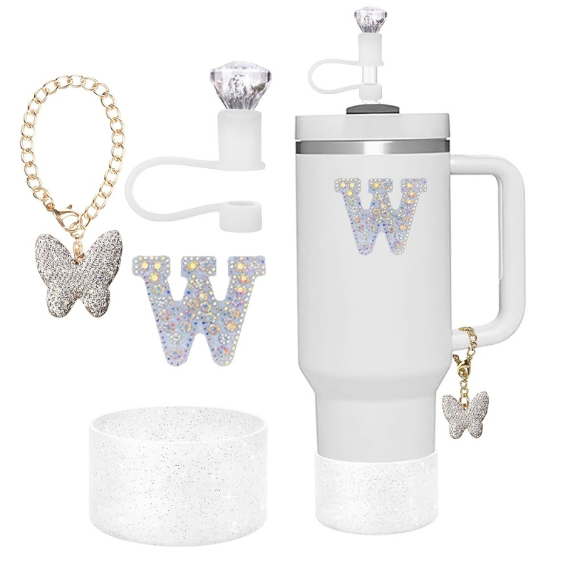 Amazon Vânzare Fierbinte Diamant Paie Praf Capac Stralucitor Diamant Fluture Breloc Pandantiv Silicon Cup Set Alfabet Autocolant