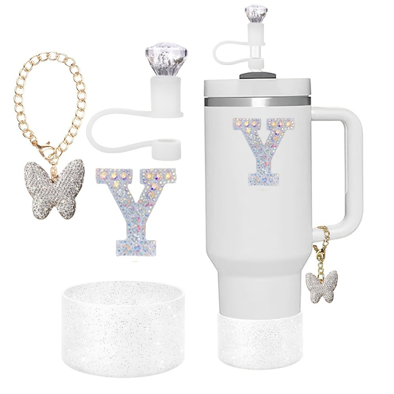 Amazon Vânzare Fierbinte Diamant Paie Praf Capac Stralucitor Diamant Fluture Breloc Pandantiv Silicon Cup Set Alfabet Autocolant