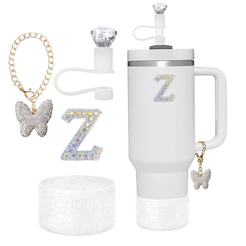 Amazon Vânzare Fierbinte Diamant Paie Praf Capac Stralucitor Diamant Fluture Breloc Pandantiv Silicon Cup Set Alfabet Autocolant
