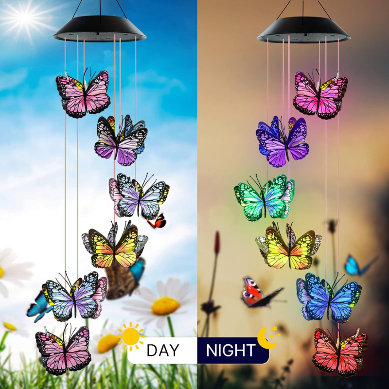 Gamyklinis tiesioginis drugelio saulės sietynas drugelio vėjo varpelio lempa spalvinga gradiento drugelio pakabinama lempa lauko vandeniui atspari sietynas