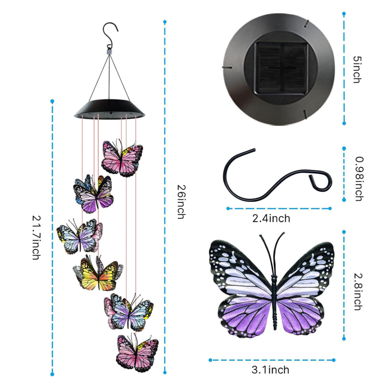 Gamyklinis tiesioginis drugelio saulės sietynas drugelio vėjo varpelio lempa spalvinga gradiento drugelio pakabinama lempa lauko vandeniui atspari sietynas