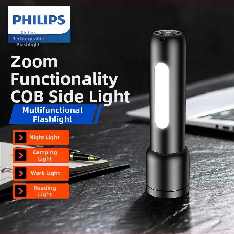 Philips силна светлина, супер ярък, ABS материал, телескопичен вариоумен фенер със странични светлини, преносим за външен монтаж с голям обхват