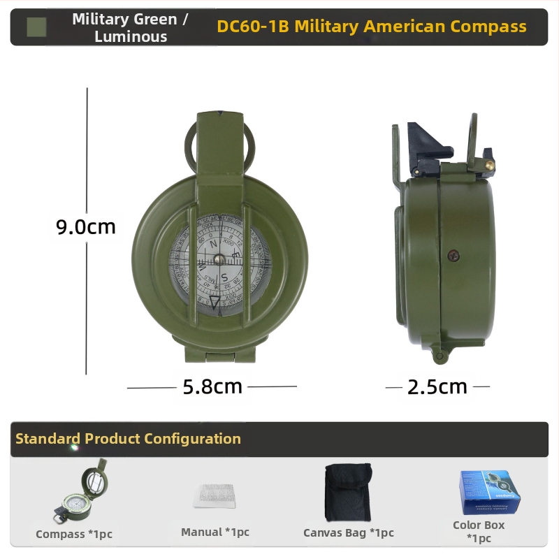 Välistingimustes kasutatav multifunktsionaalne kompass telkimiseks, maastikul kasutamiseks, põhjapoolse geoloogia kompass, Ameerika sõduri lahinguvarustus, metall