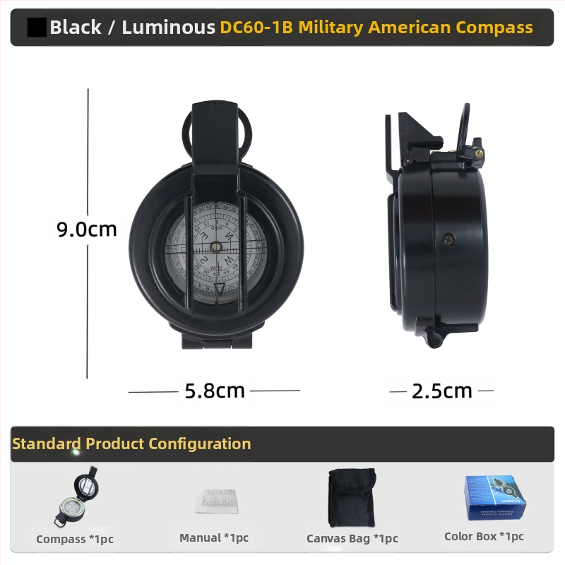 Välistingimustes kasutatav multifunktsionaalne kompass telkimiseks, maastikul kasutamiseks, põhjapoolse geoloogia kompass, Ameerika sõduri lahinguvarustus, metall