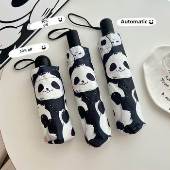 Karikatūras pandas lietussargs, sieviešu melns gumijas saules aizsargs, UV aizsardzības saules lietussargs, saulains un lietus, divējāda lietojuma, īpaši viegls, pārnēsājams, saliekams, rūpnīca