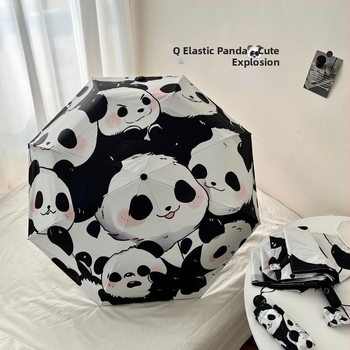 Karikatūras pandas lietussargs, sieviešu melns gumijas saules aizsargs, UV aizsardzības saules lietussargs, saulains un lietus, divējāda lietojuma, īpaši viegls, pārnēsājams, saliekams, rūpnīca