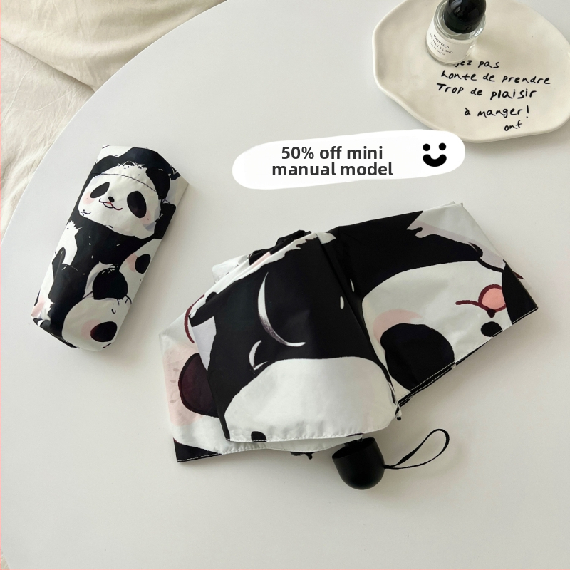 Karikatūras pandas lietussargs, sieviešu melns gumijas saules aizsargs, UV aizsardzības saules lietussargs, saulains un lietus, divējāda lietojuma, īpaši viegls, pārnēsājams, saliekams, rūpnīca