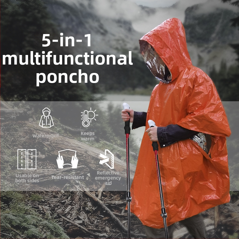 Välikülmakindel soe ühekordne esmaabi vihmamantel kaasaskantav pe alumiiniumkilest hädaolukorra pontšo välistingimustes ellujäämise vihmamantel