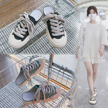 Naujo stiliaus uždaros šlepetės 2025 m. vasaros moteriški batai laisvalaikiui, storu padu, minkštu padu, madingi lauko moteriški drobiniai kvėpuojantys pusšlepetės moterims