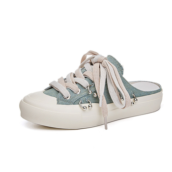 Naujo stiliaus uždaros šlepetės 2025 m. vasaros moteriški batai laisvalaikiui, storu padu, minkštu padu, madingi lauko moteriški drobiniai kvėpuojantys pusšlepetės moterims