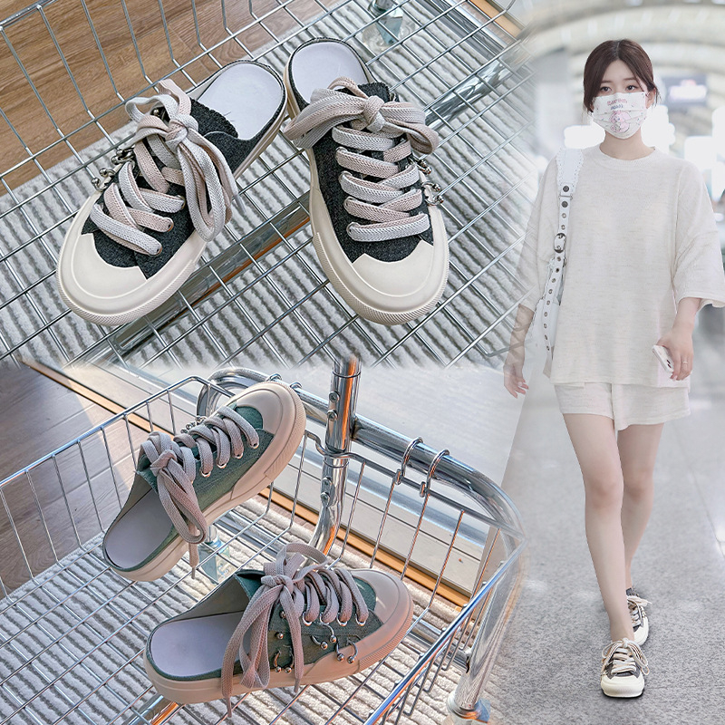 Naujo stiliaus uždaros šlepetės 2025 m. vasaros moteriški batai laisvalaikiui, storu padu, minkštu padu, madingi lauko moteriški drobiniai kvėpuojantys pusšlepetės moterims