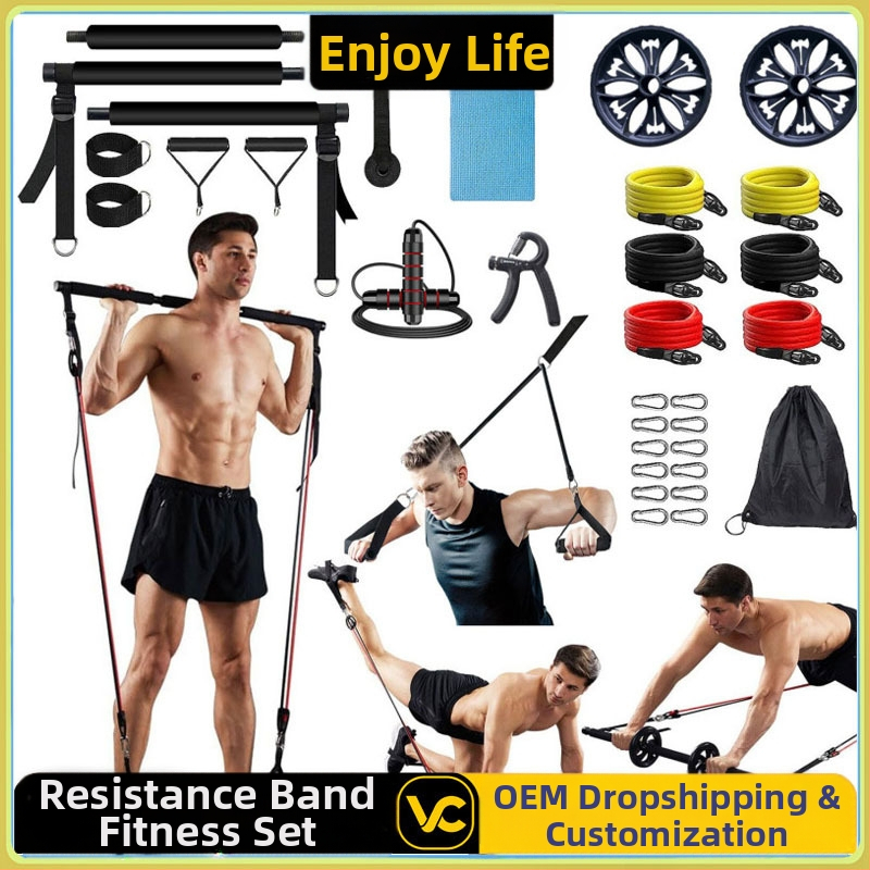 Băț Pilates multifuncțional cu trei secțiuni, pentru antrenament de forță, yoga, fitness, stick, acasă, roată abdominală, coardă de tensiune, costum de fitness