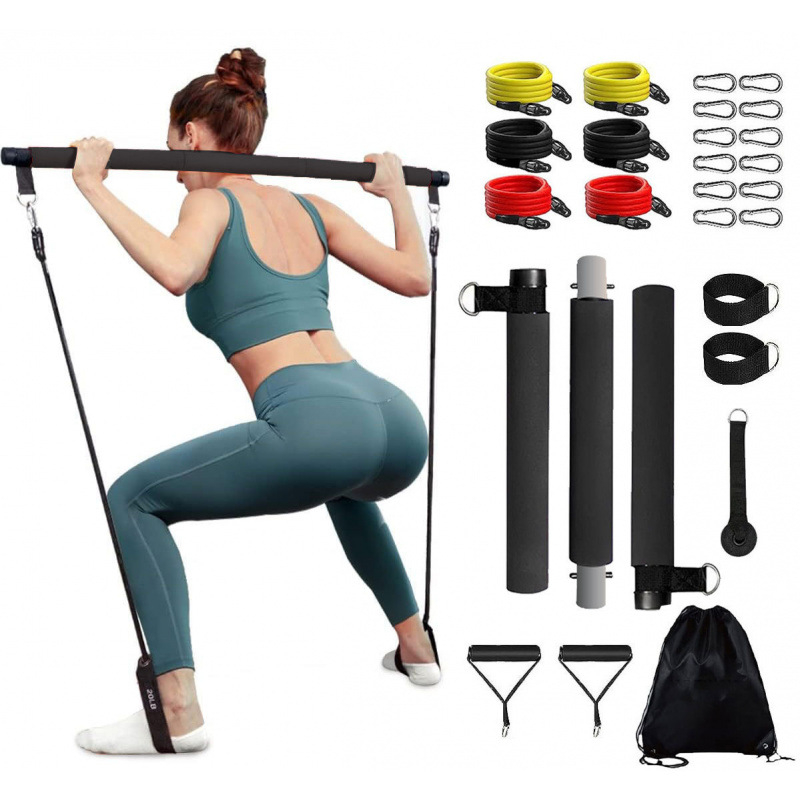 Băț Pilates multifuncțional cu trei secțiuni, pentru antrenament de forță, yoga, fitness, stick, acasă, roată abdominală, coardă de tensiune, costum de fitness
