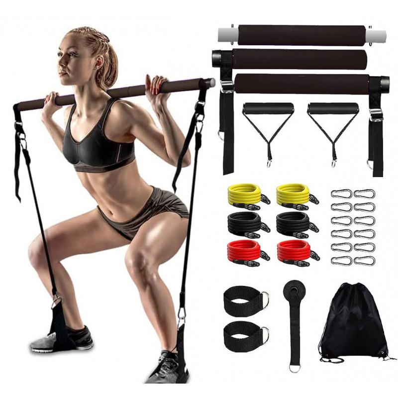 Băț Pilates multifuncțional cu trei secțiuni, pentru antrenament de forță, yoga, fitness, stick, acasă, roată abdominală, coardă de tensiune, costum de fitness