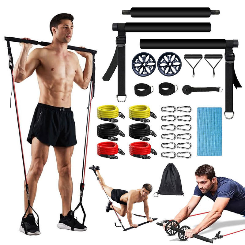 Băț Pilates multifuncțional cu trei secțiuni, pentru antrenament de forță, yoga, fitness, stick, acasă, roată abdominală, coardă de tensiune, costum de fitness