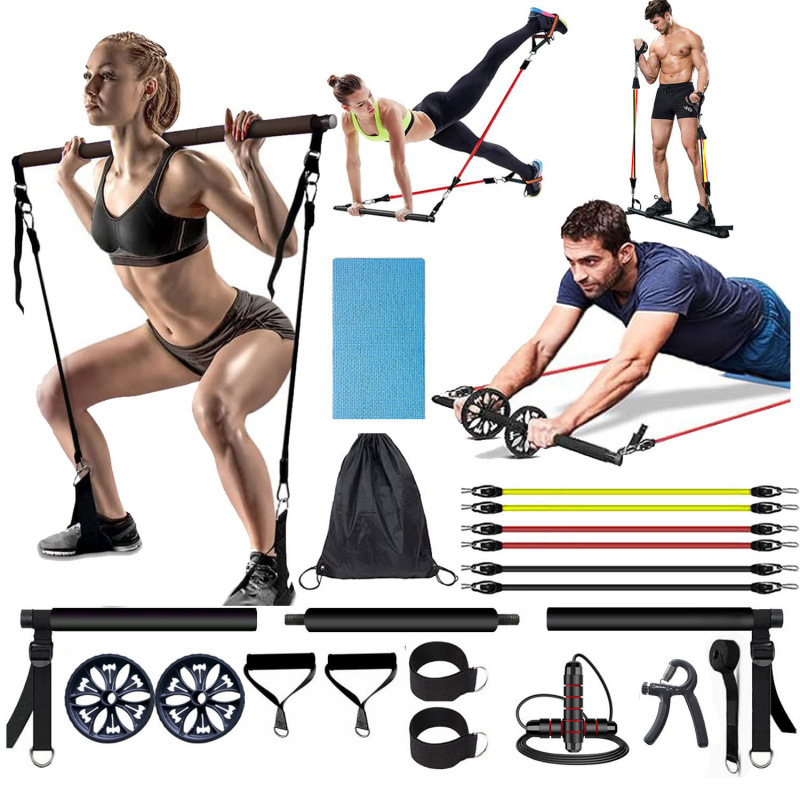 Băț Pilates multifuncțional cu trei secțiuni, pentru antrenament de forță, yoga, fitness, stick, acasă, roată abdominală, coardă de tensiune, costum de fitness