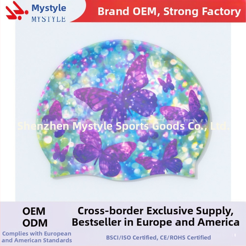 Suaugusiųjų „Amazon“ spalvos drugelio plaukimo kepuraitė, moteriška ilgų plaukų silikoninė plaukimo kepuraitė, padidinta moteriška ilgų plaukų kepuraitė