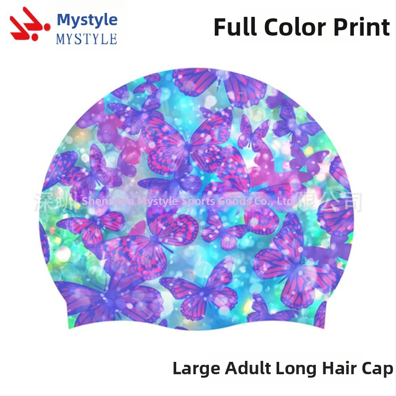 Плувна шапка за възрастни, цветна шапка за плуване с пеперуда, за жени, дълга силиконова шапка за плуване за жени, уголемена...