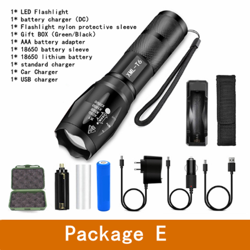 T6 zseblámpa alumínium ötvözetből készült hordozható multifunkcionális kis zseblámpa, fókuszáló XPE zseblámpa ajándékdoboz szett univerzális töltés