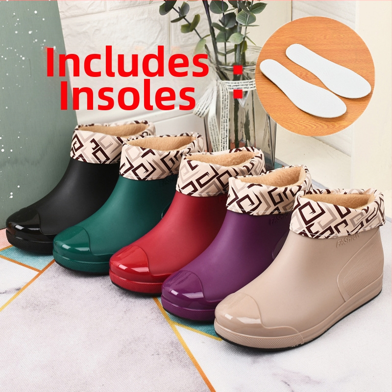 Модни дамски гумени ботуши, къси тръбни връхни обувки, топли неплъзгащи се гумени ботуши, водоустойчиви ботуши, кухненски, автомивка, работа, гумени обувки