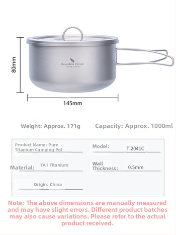 Biwei tīra titāna zupas katls, īpaši viegls un ērts kempinga katls, titāna katls, pusdienu kaste, apsildāms viena slāņa gatavošanas katls, salokāms rokturis.