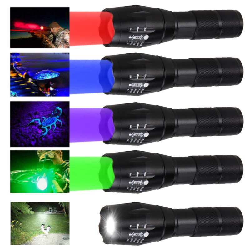 A100 Многофункционално фенерче за външен туризъм, преносимо, силно фокусирано, червено, зелено, синьо, лилаво, бяло, светлина, фенерче от алуминиева сплав