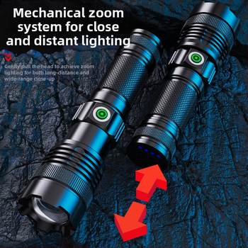 Διασυνοριακός λευκός φακός με τσιπ λέιζερ, τηλεσκοπικός φακός από κράμα αλουμινίου, ισχυρή οθόνη LED, USB, άμεση φόρτιση, εξωτερική τράπεζα τροφοδοσίας