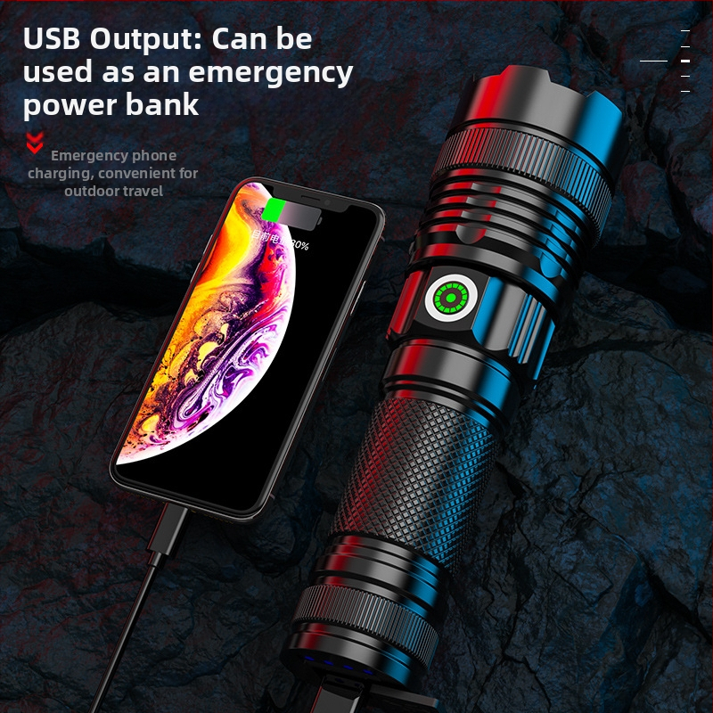 Телескопичен фенер от алуминиева сплав с бял лазерен чип, силен светлинен дисплей, захранване с USB и директно зареждане на външна батерия.
