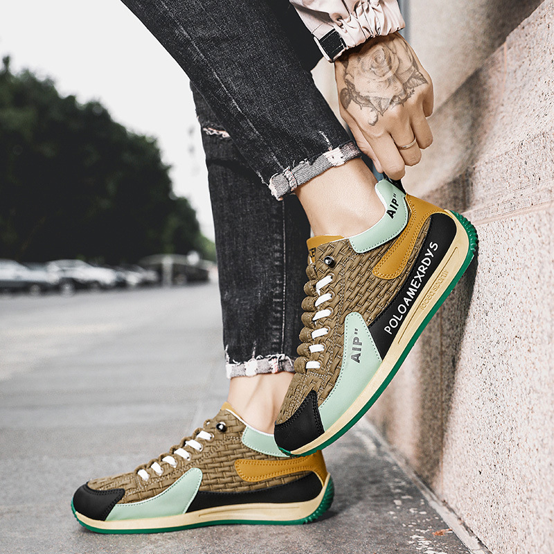 Trendi, bebújós férficipők, 2025 őszi új stílus, nyomtatott bőr felület, kényelmes, lélegző, színblokkoló, sokoldalú, interneten ismert, népszerű alkalmi cipők