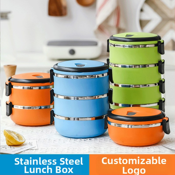 Rozsdamentes acélból készült, 304-es minőségű bento doboz, kerek, lezárt tartósítódoboz, többrétegű, kényelmes, szigetelt ebéddoboz, nyomtatott logóval