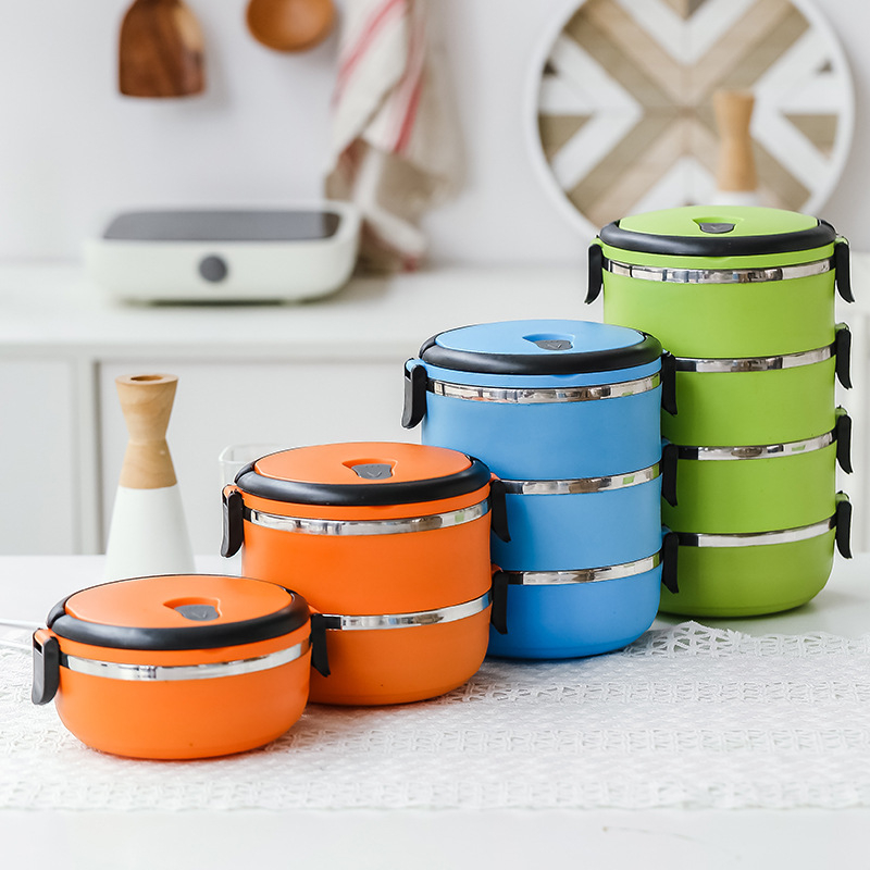 Rozsdamentes acélból készült, 304-es minőségű bento doboz, kerek, lezárt tartósítódoboz, többrétegű, kényelmes, szigetelt ebéddoboz, nyomtatott logóval