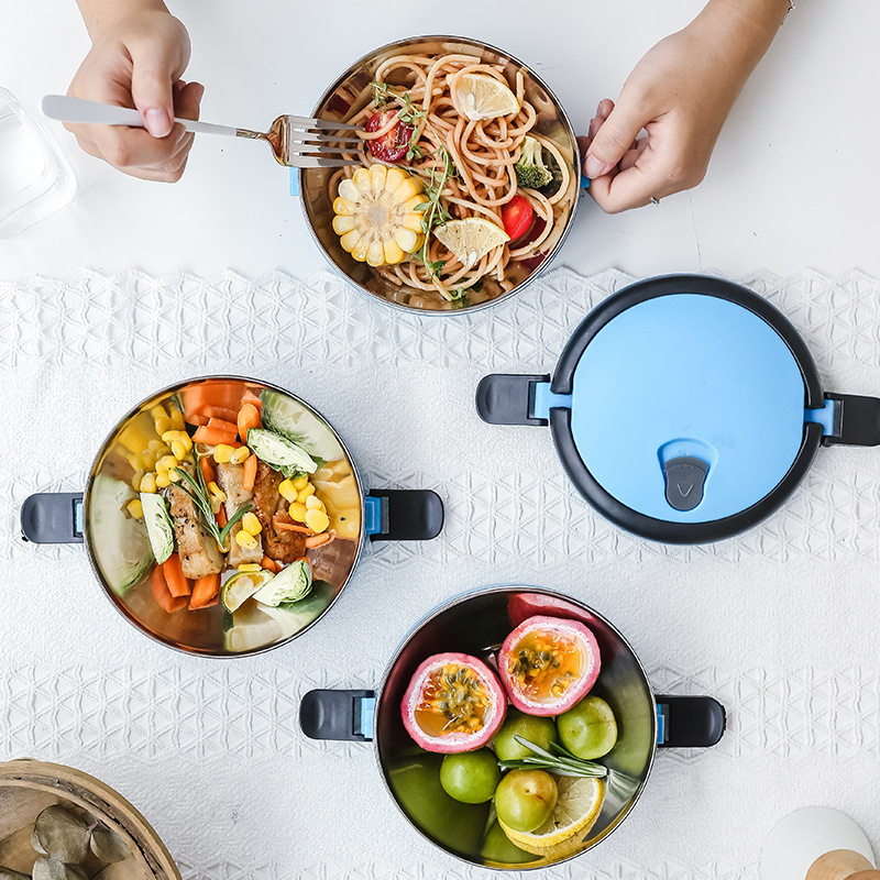 Rozsdamentes acélból készült, 304-es minőségű bento doboz, kerek, lezárt tartósítódoboz, többrétegű, kényelmes, szigetelt ebéddoboz, nyomtatott logóval