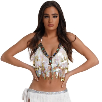 Amazon σουτιέν με πούλιες και πολύχρωμο τυλιγμένο στήθος, κρεμαστό σουτιέν για χορό της κοιλιάς, κέρμα, χάλκινο γκονγκ, σκηνική παράσταση, τοπ με πούλιες σε χρώμα διαμαντιού