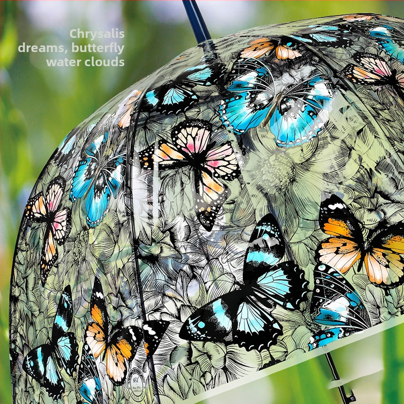 Аркообразен винтидж прозрачен чадър за жени с принт на пеперуда и гъби, извита дръжка, дълга дръжка, полуавтоматичен прав чадър за ученички