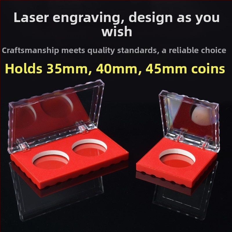 Wen Chuang Dve akrylové baliace škatuľky na mince 40 mm Pamätný medailón na mince 35 mm Vonkajšia škatuľka s laserovým gravírovaním vzoru