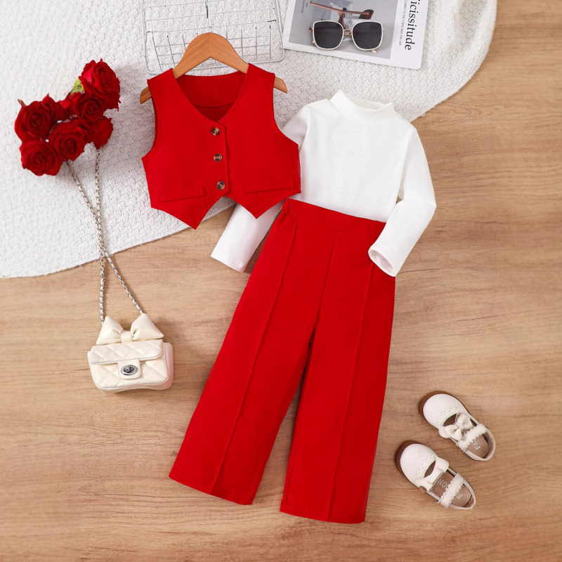Külkereskedelmi gyermekruházat angol stílusú lányka V-nyakú kosztüm egyszínű fenék nélküli kosztüm nadrág háromrészes frizura szett