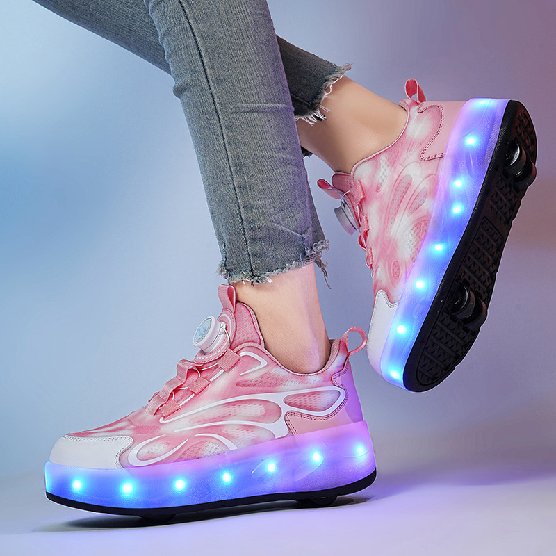 Vaikiški vaikščiojimo bateliai berniukams, keturi ratai mergaitėms, sportbačiai su mirksinčiais LED ratukais, nematomi dvigubi pačiūžos