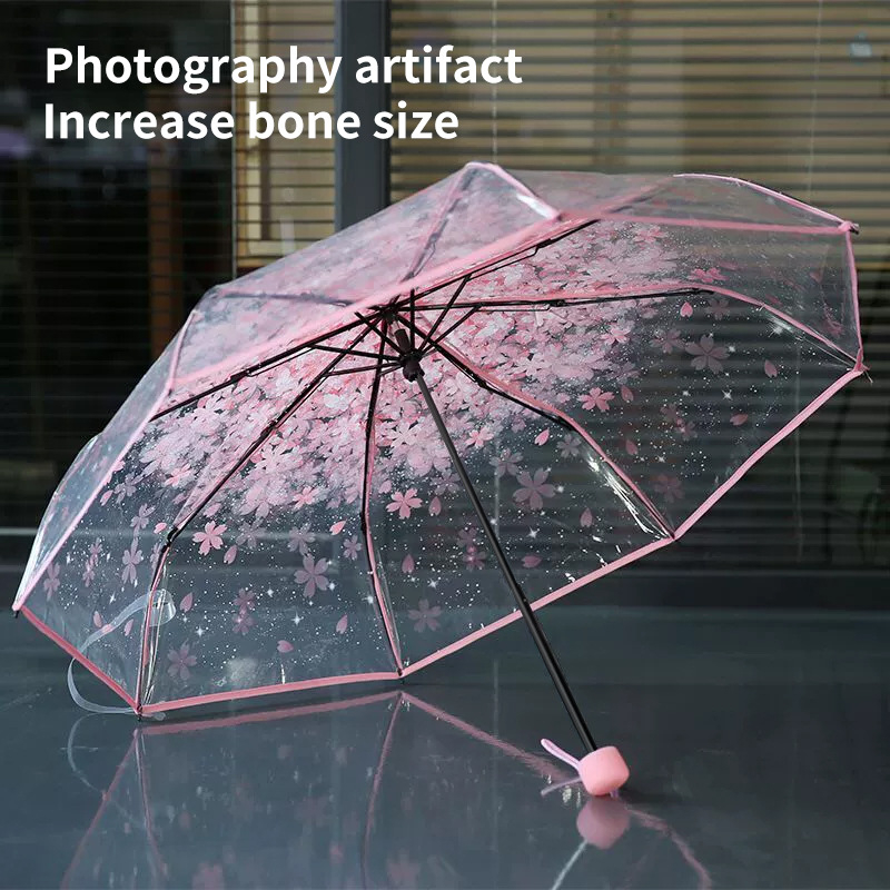 Átlátszó összecsukható esernyő cseresznyevirág mintás átlátszó kameraesernyő 8 csontos logós reklámesernyő megerősített szélálló tartós esőálló kettős felhasználású esernyő