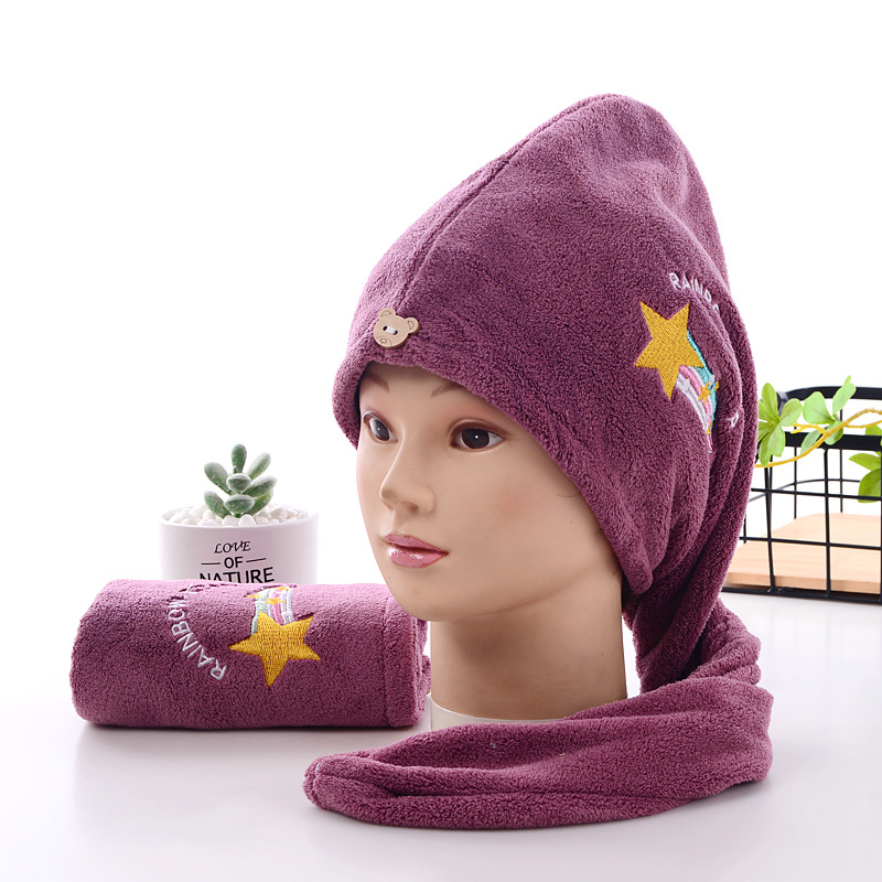 Ženska kapa za suhu kosu, zadebljana, ne linja se, turban s vezom od koraljnog baršuna i crtanim motivima, mekan, upijajući vodu, brzosušeći turban