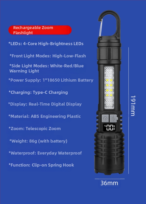 Határokon átnyúló kültéri zseblámpa járőr reflektorfény nagy hatótávolságú, erős fényű, hordozható, újratölthető, zoom fehér lézerfény