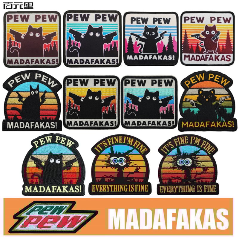 PEW PEW MADAFAKAS Малка черна котка, тъкане на пшеница, лента с велкро, бродирана глава, стикер за раница, глава „Морал“.