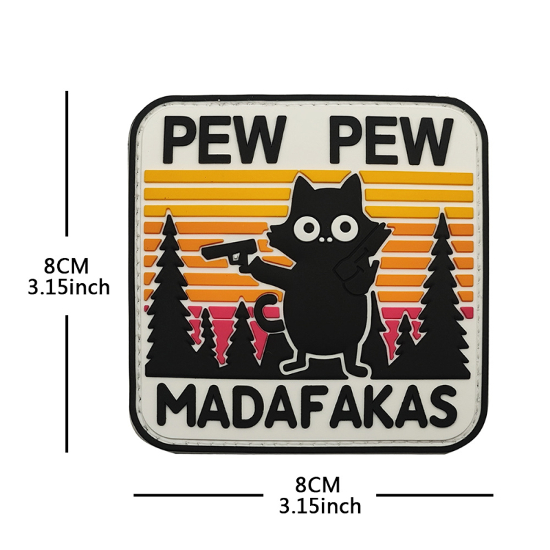 PEW PEW MADAFAKAS Maža juoda katė, audianti kviečių spalvos raištį, lipdukas su „Morale Chapter Embroidered Chapter“ kuprinės lipduku