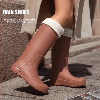 Guminiai batai moterims, aukšti suaugusiųjų madingi vandens batai, neslystantys ilgi guminiai batai, moteriški lauko vandeniui atsparūs vandens batai su vilnos pamušalu, darbo guminiai batai