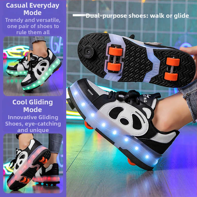 Pārrobežu heloo apavi četru riteņu slidošanas apavi LED gaismas gaismas apavi bērnu ikdienas apavi vīriešiem un sievietēm multfilmu dēļa apavi kedām